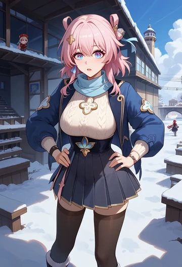 star rail,march 7th,winter,student uniform,puffer coat  - AI generated anime art